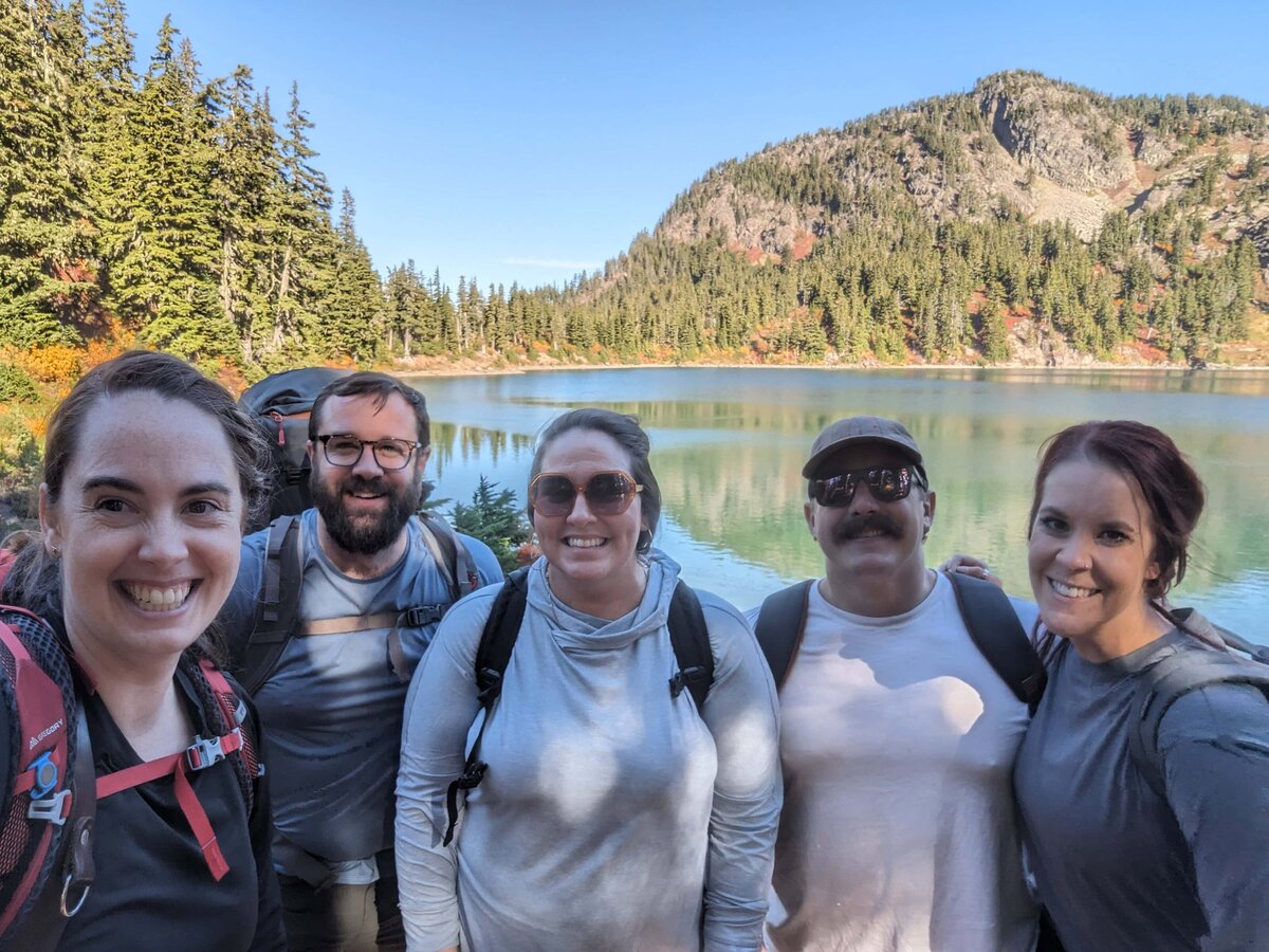 group taking a selfie after Washington alpine lake elopement 