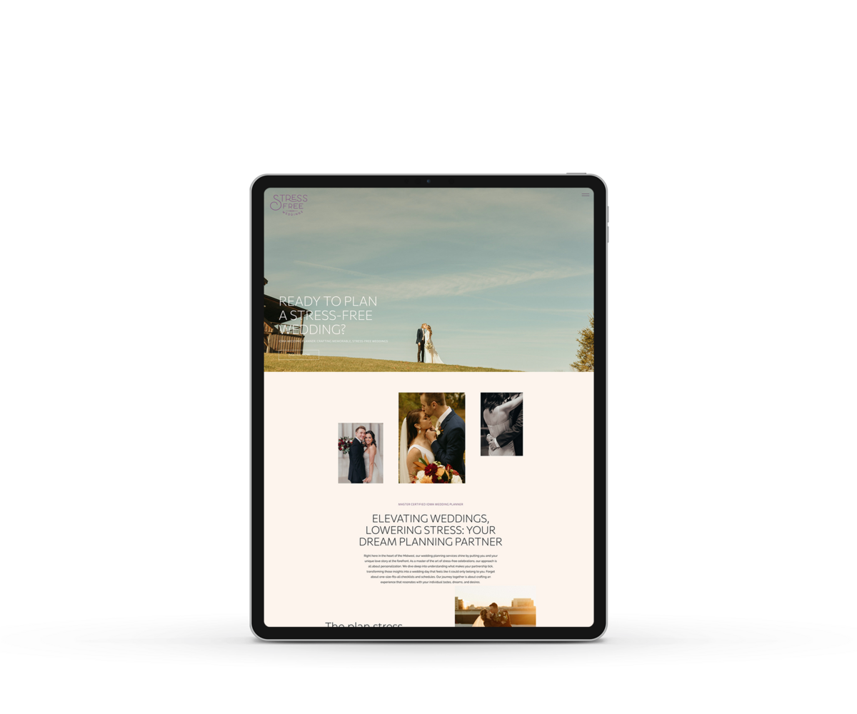 A tablet displaying a wedding planning Showit website design with images of a couple, wedding rings, and descriptive text about stress-free wedding planning.