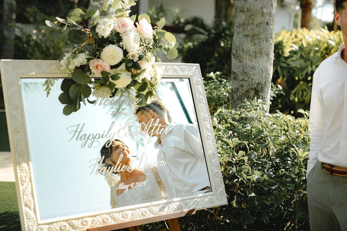 Large white vintage mirror with calligraphy for welcome sign