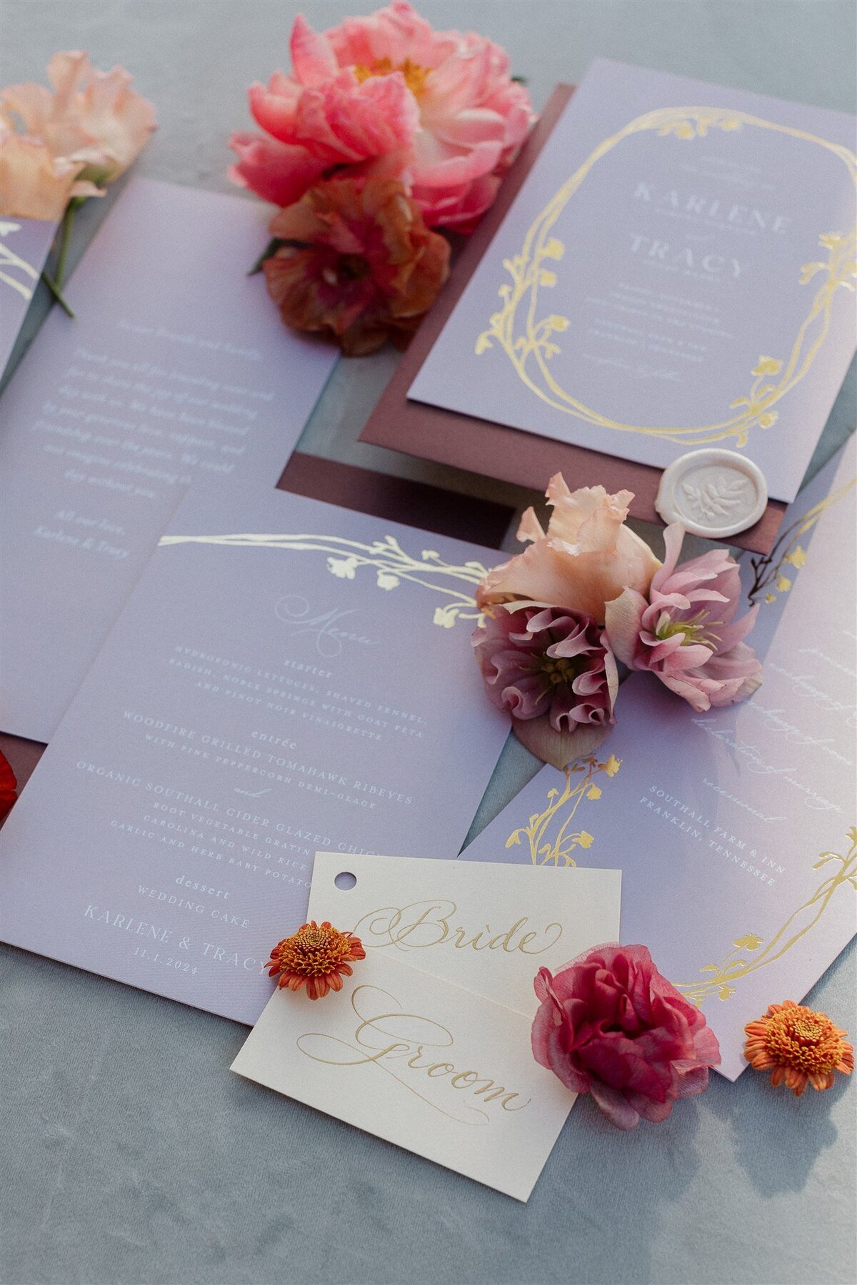 gold foil wlilac wedding invitations