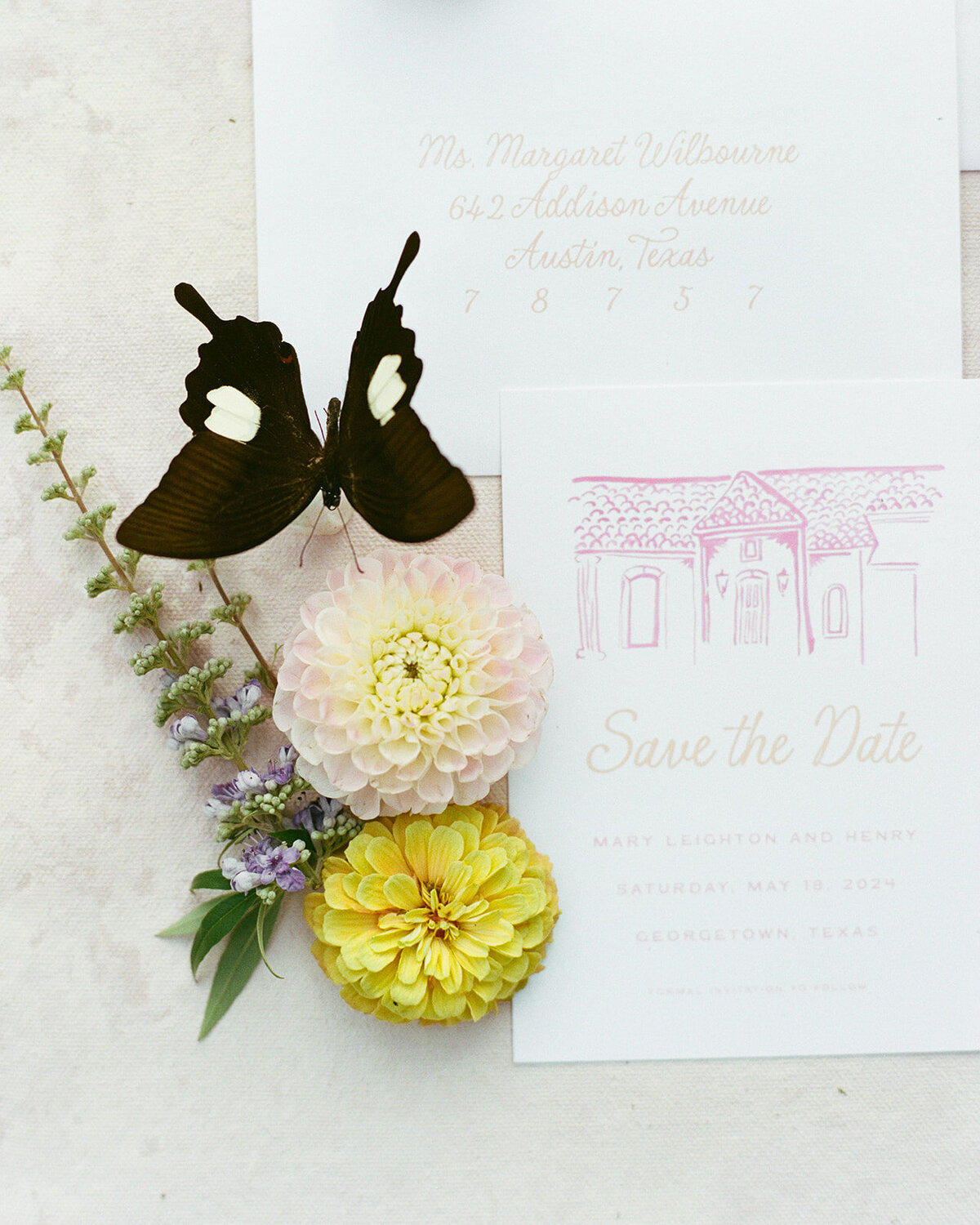 Whimsical garden party wedding save the date invitation with handpainted watercolor venue house illustration by Dear Margo Designs with florals by Rooted Floral Designs