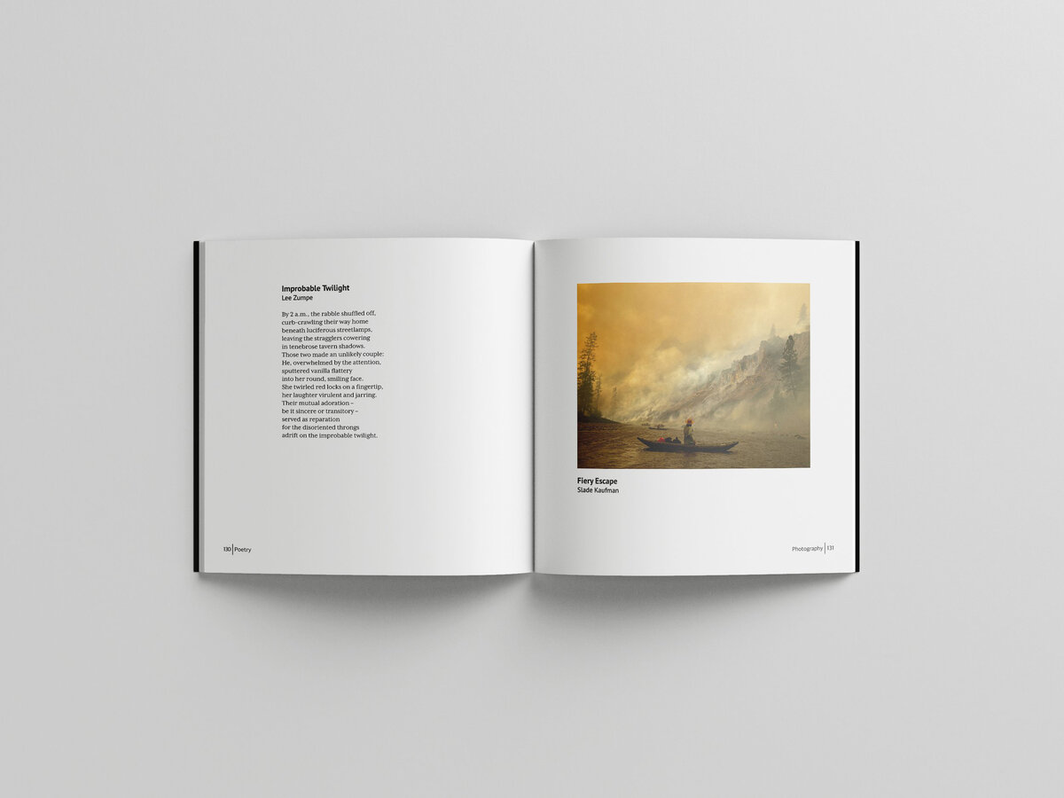 A Perceptions' photo and poem spread being displayed. The photo being displayed is from someone in the middle of a river surrounded by a wildfire