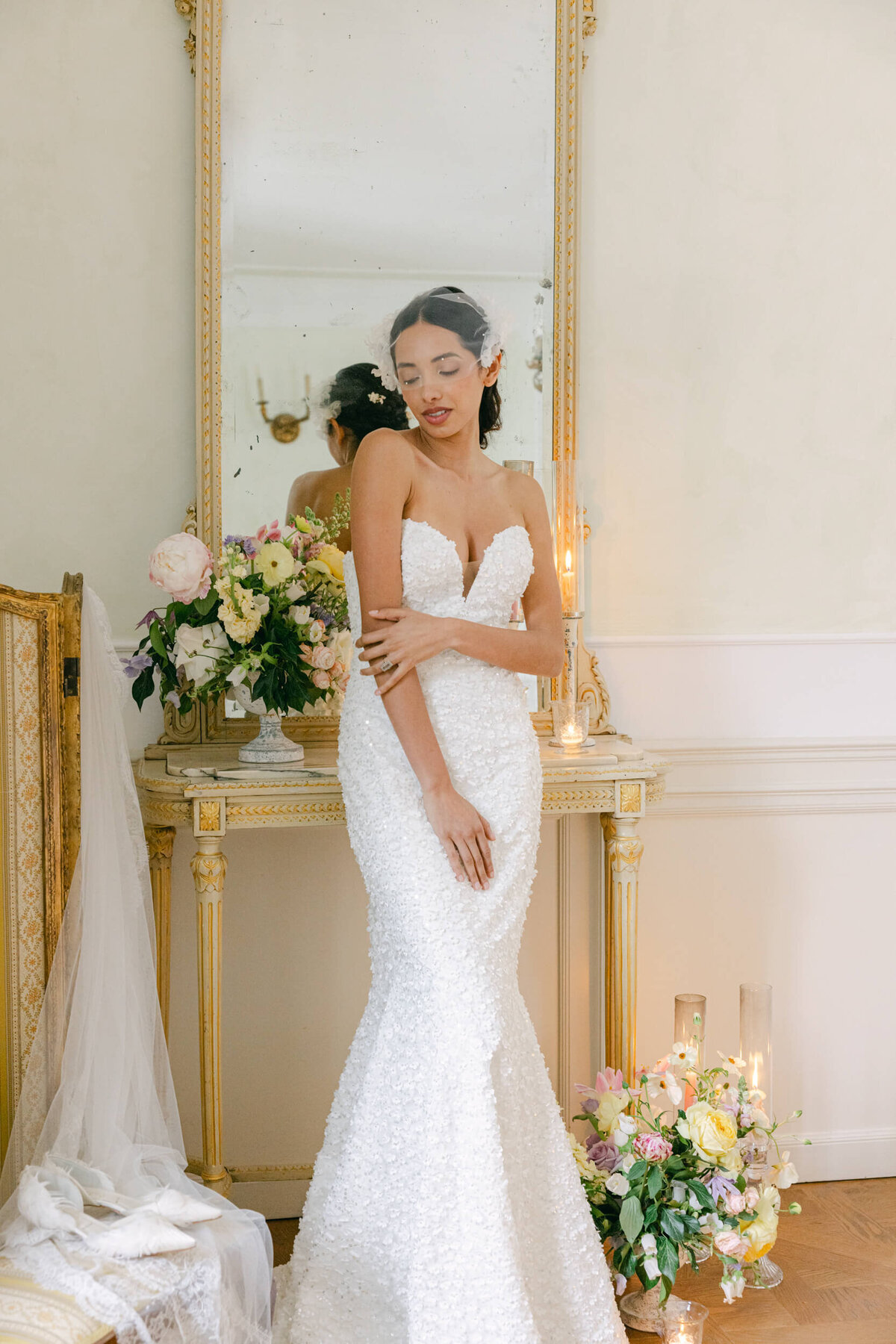 A wedding day bridal shot of a bride in her white dress at Villa Aura del Lago on lake como in Italy