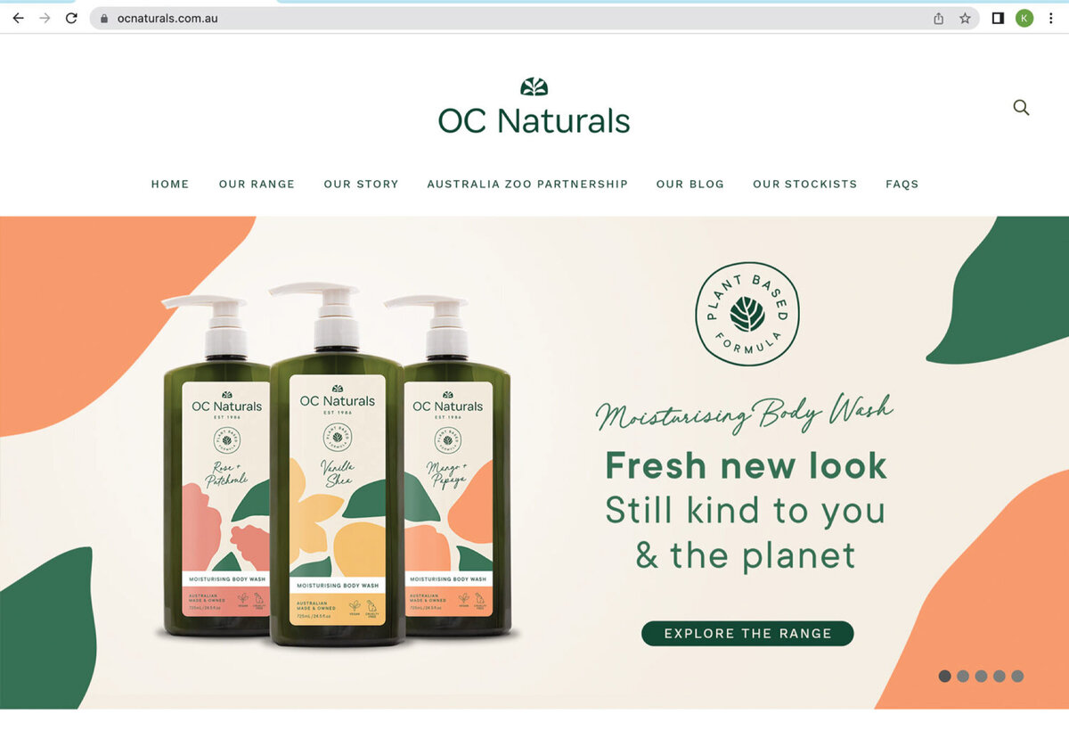 Screenshot of website for OC Naturals showing main website banner design with group body wash image and text reading Fresh new look, still kind to you and the planet