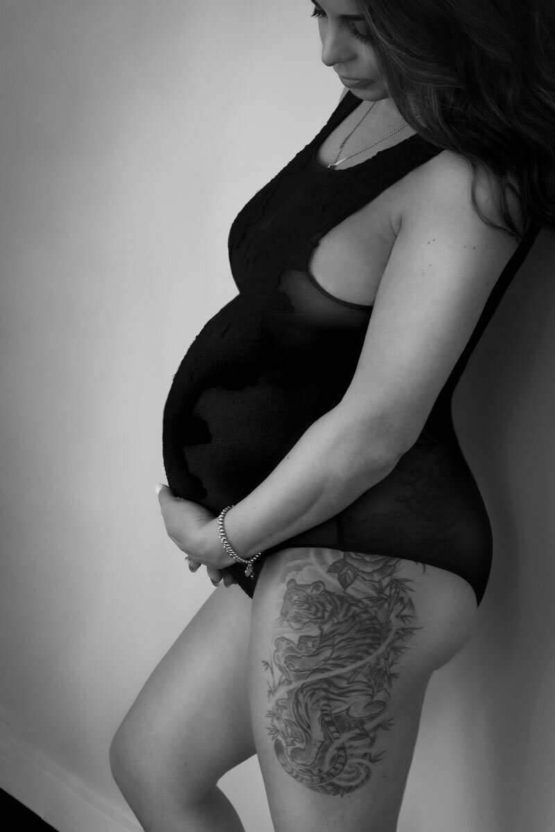 maternity photo in vancouver with woman in maternity bodysuit