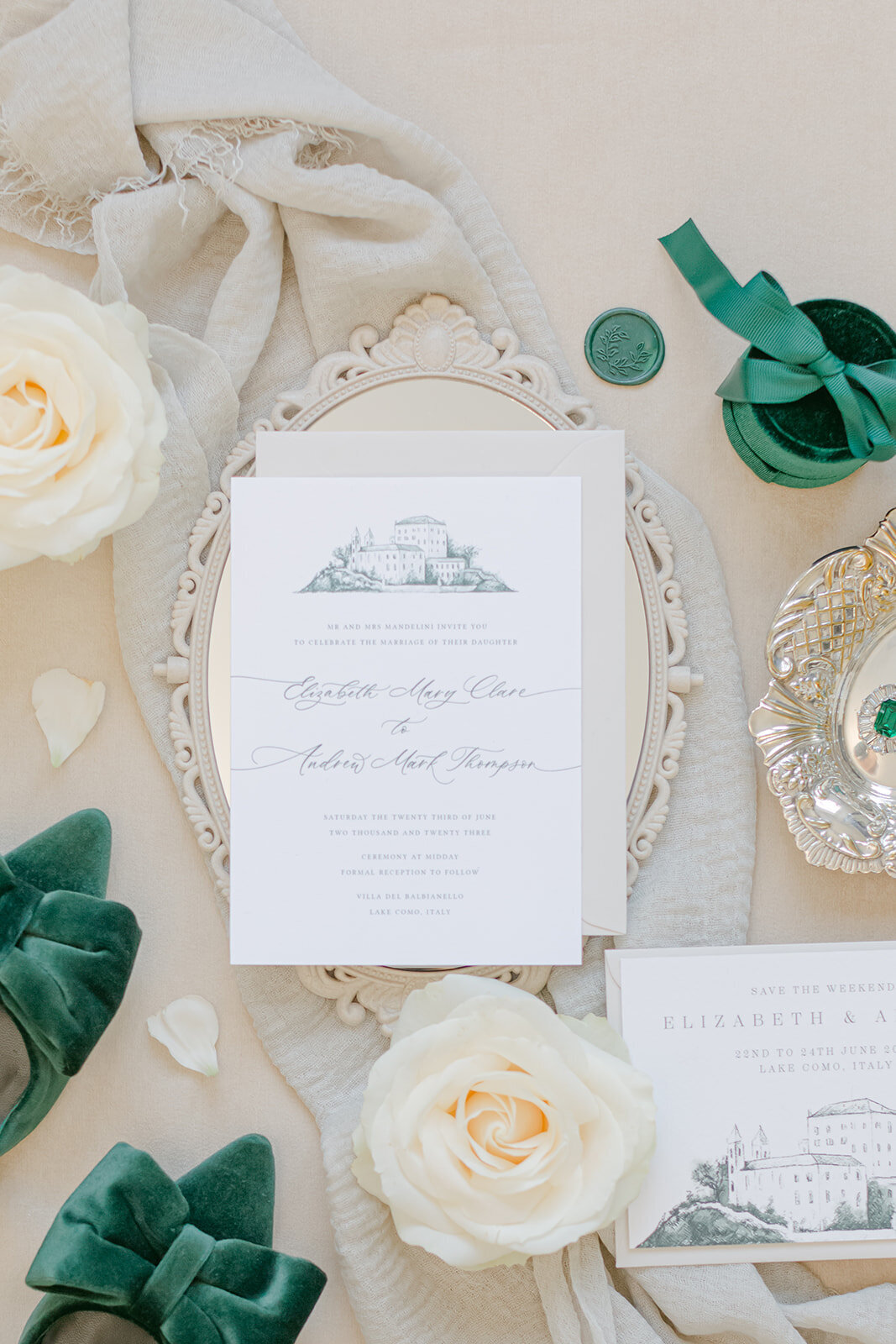 155  - Written by Emily Wedding Stationary Planner - Maila Enea Wedding Plannning - River Island Crystal Drop Rhodium Green Earrings - Asos Desighn Scarlett Bow Bridesmaid Shoes - Vanity Mirror - Velvet Ring Box - London UK - Joana Senkute Photography
