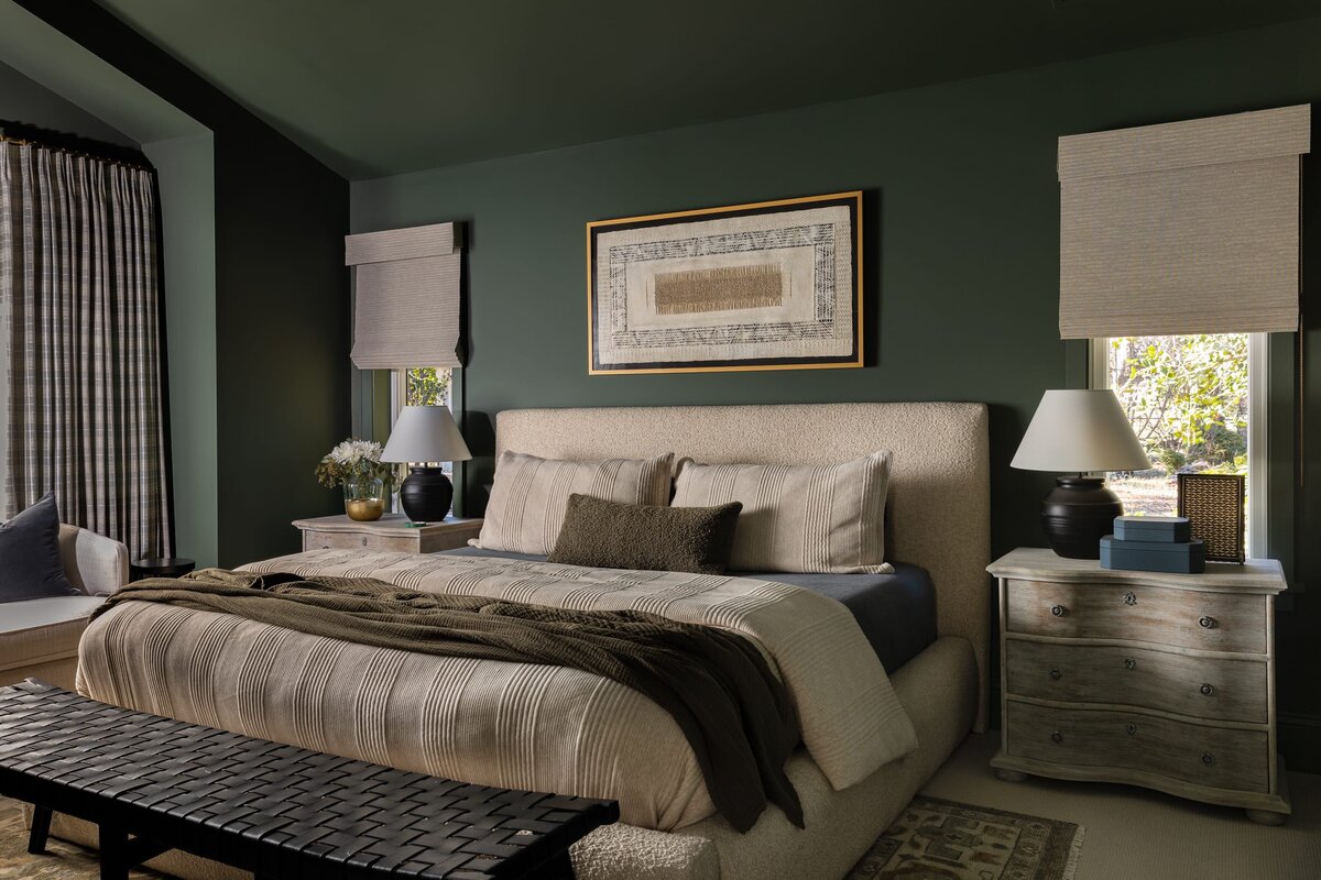 melinda chesson interiors murrayhill road dark green and cream bedroom with gold framed picture above bed