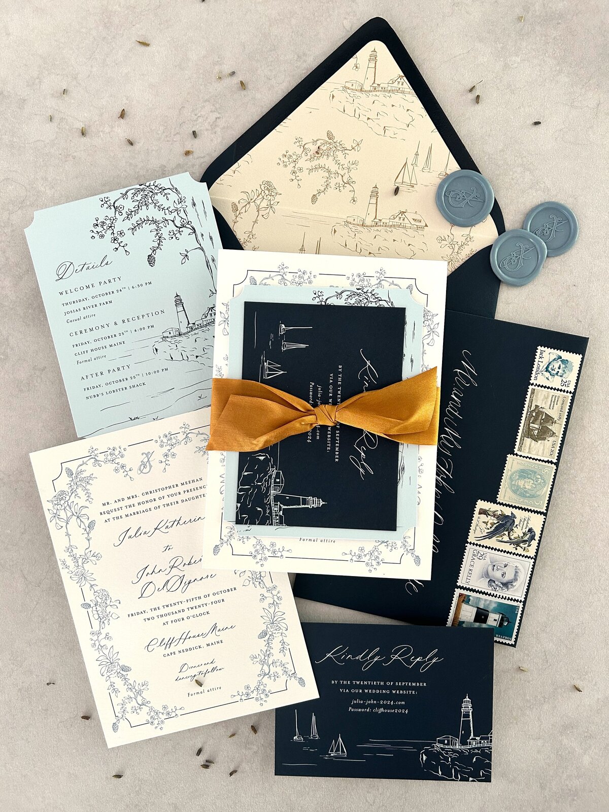 Custom invitation suite with hand illustrated details, silk ribbon and vintage postage by Lindsey Ellen Paper Co. for a wedding at Cliff House Maine