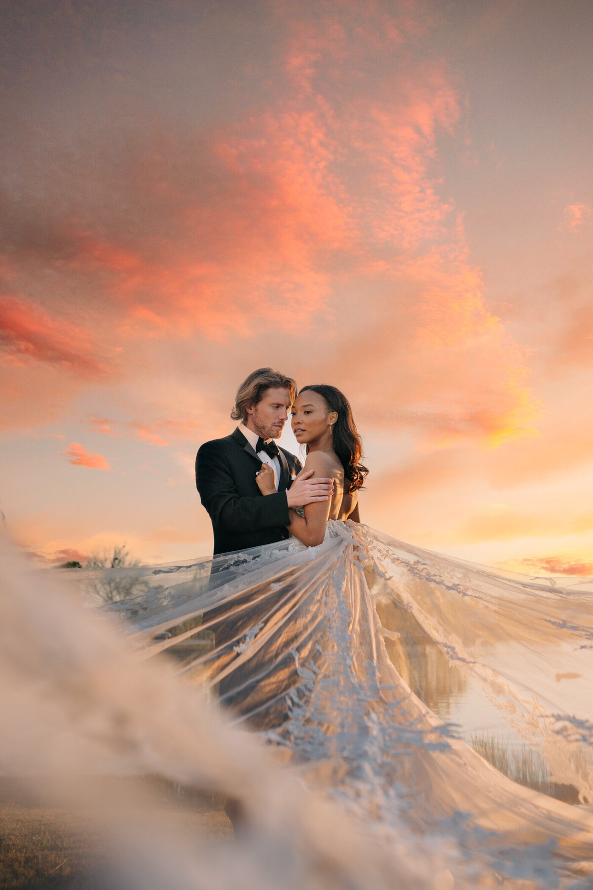 A couple at sunset during their microwedding  in McKinney Texas
