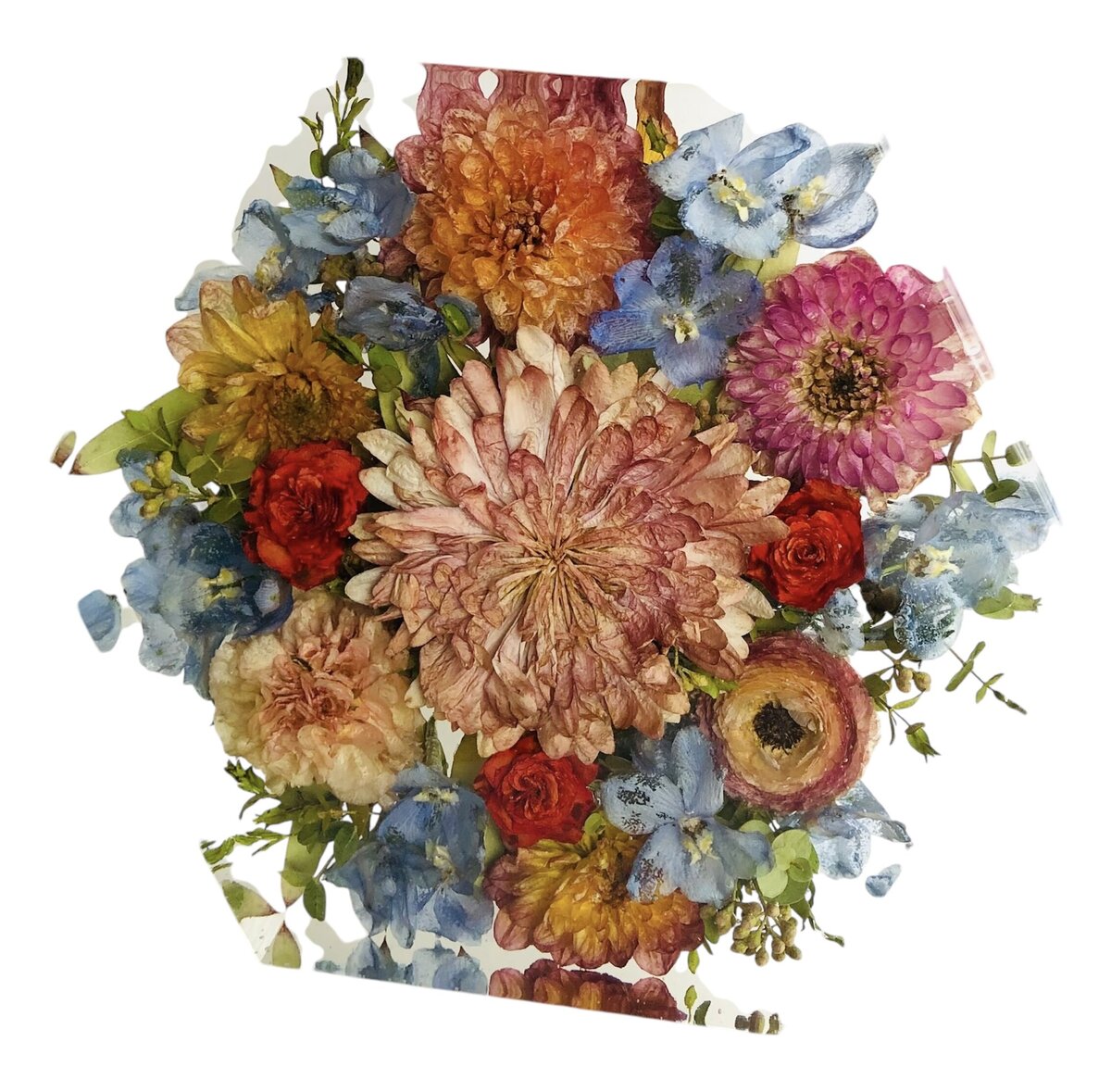9” hexagon resin blocks with bright pink blue and orange wedding flowers preserved as a family heirloom