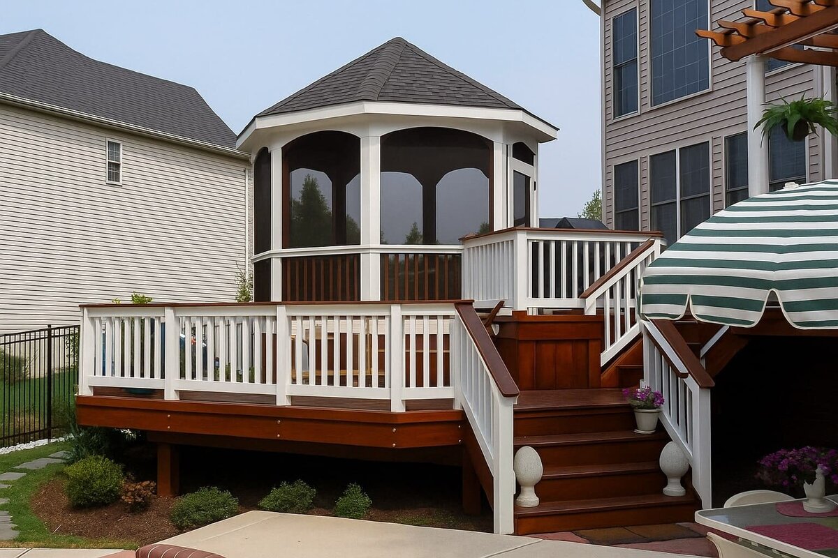 Elevated deck with screened gazebo and white railing overlooking backyard.