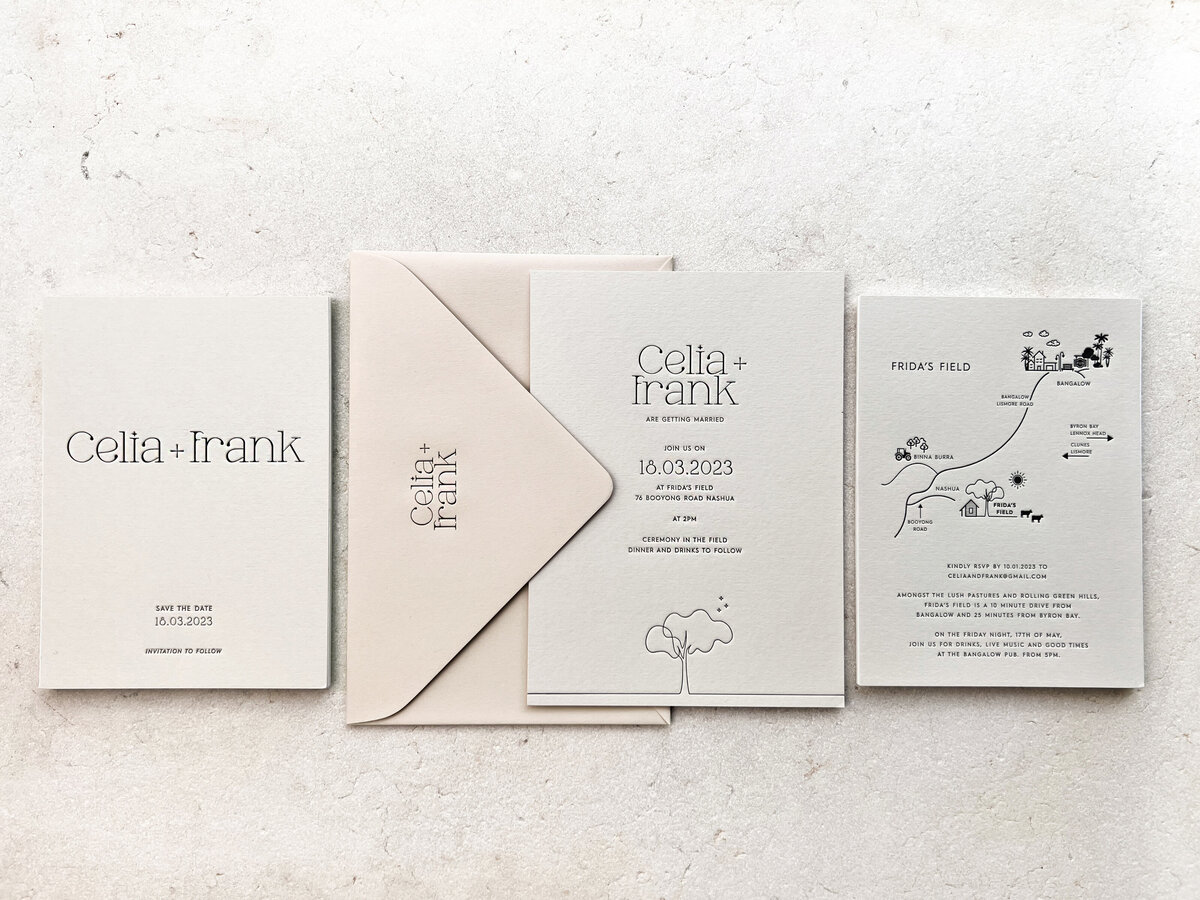 Celia letterpress  printed wedding invitation, envelope, set