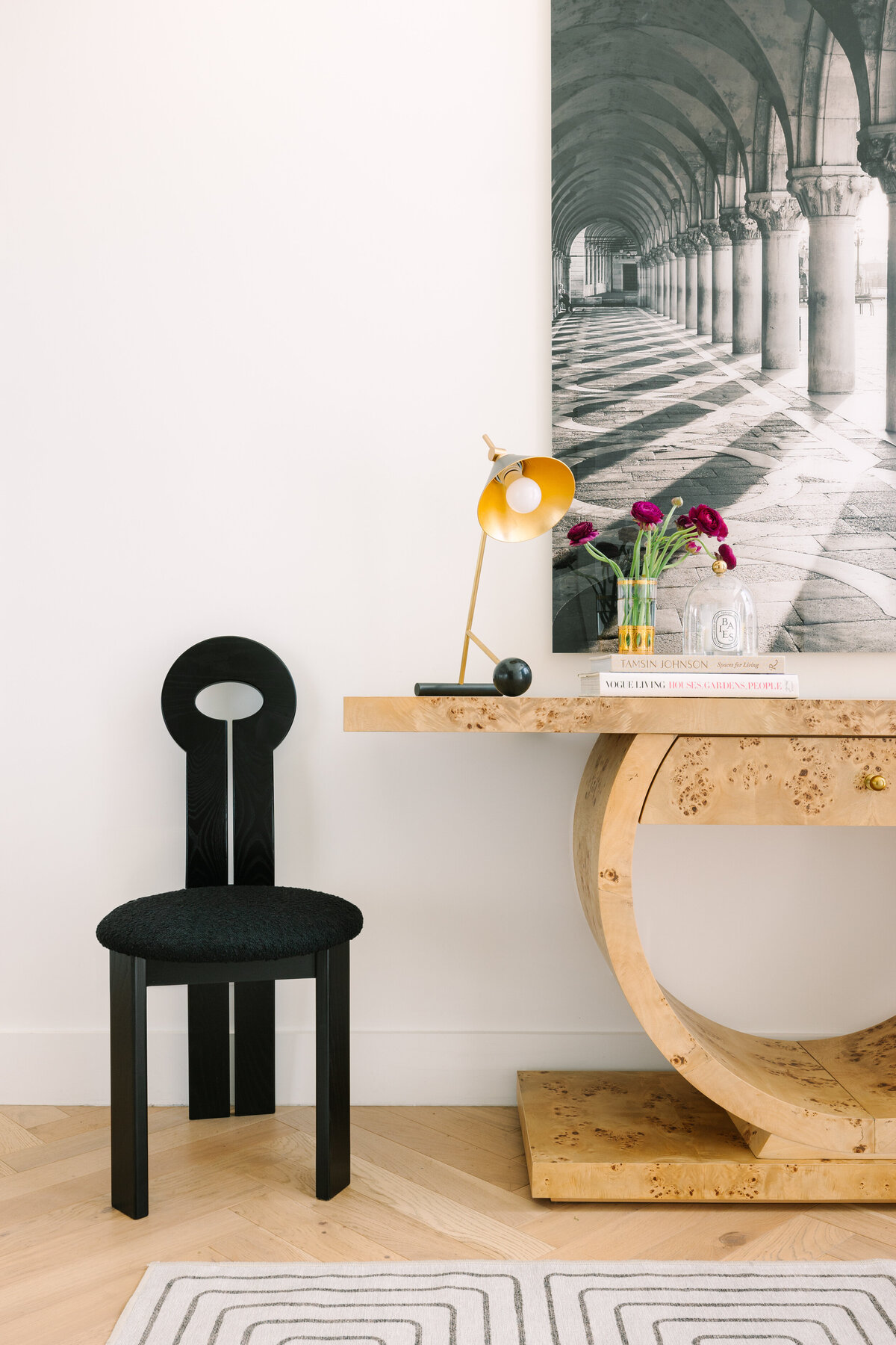 Foyer with Burl wood art deco table and chairs flanking table