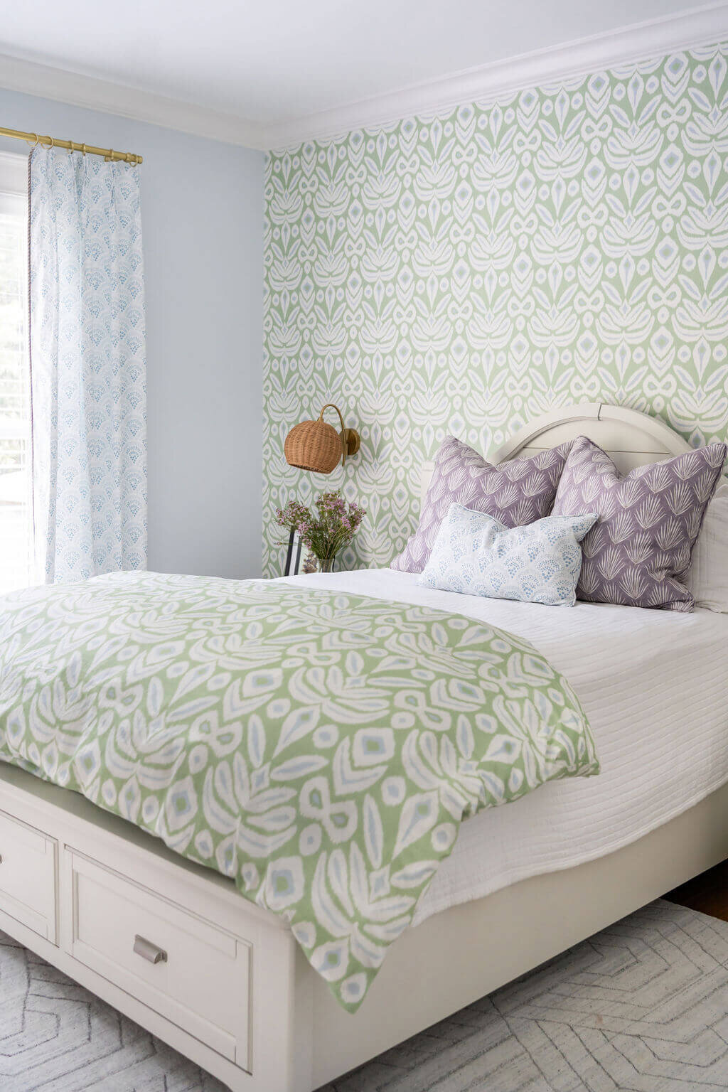 sweet southern home craftsman cutie white bed with green wallpaper and bedpsread