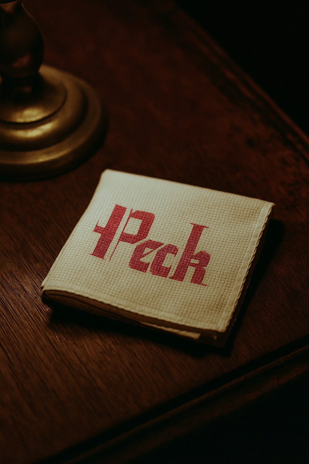 A stitched cloth handkerchief featuring the Peck logo in dark pink Gothic lettering sits on a wood surface next to a lamp, suggesting old-world charm meets modern storytelling.