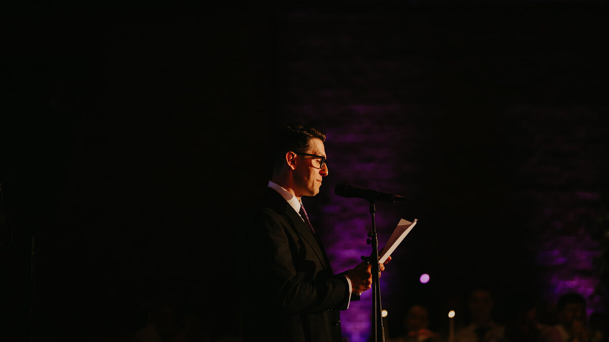 Groom gives his speech at his wedding at The Brewery in London. 