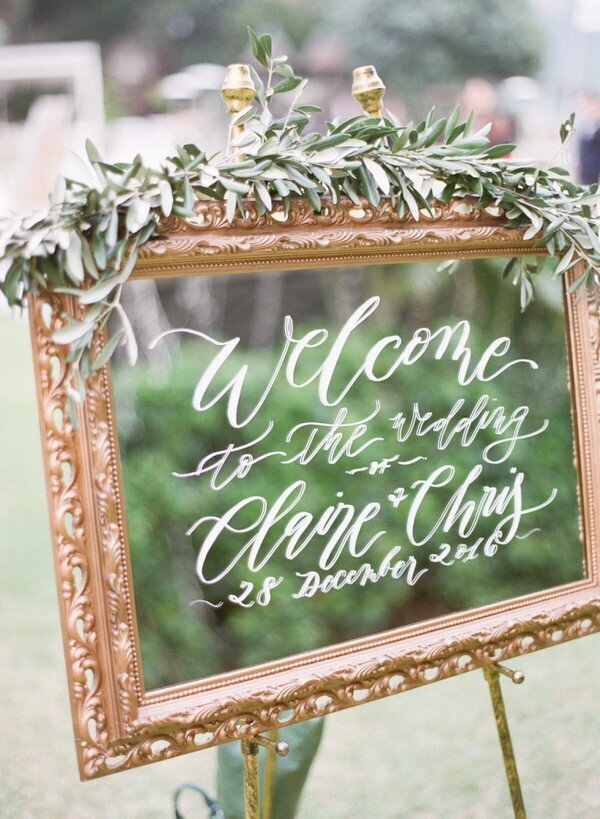 greenery-gold-framed-mirror-wedding-sign