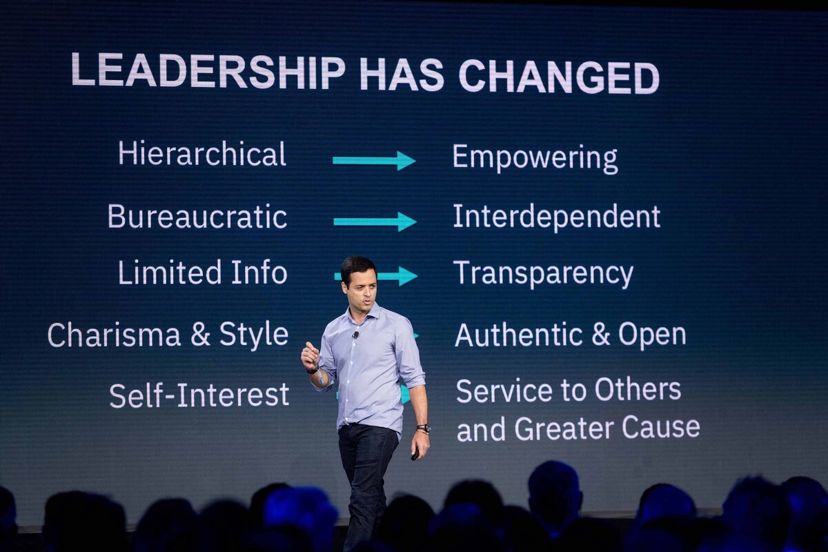 A speaker presents a slide on leadership to audience. "Leadership Has Changed" is displayed behind him.