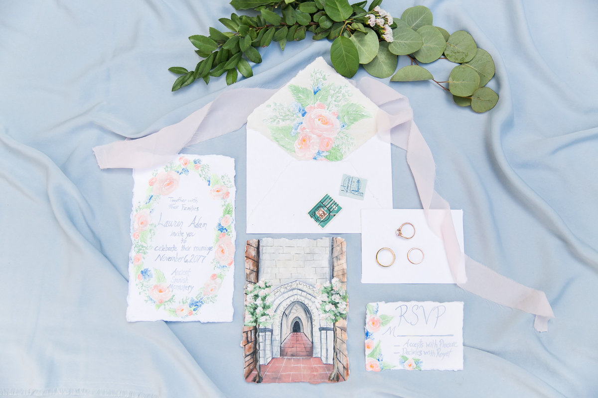 Gorgeous wedding invitations with full painting and floral elements