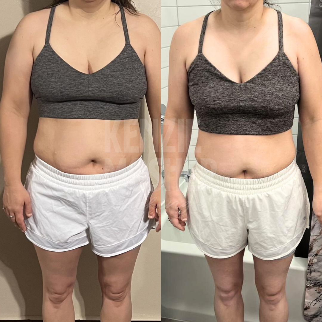 Transformation results from personalized hormone and metabolism optimization with Kenzie Mosher Coaching.