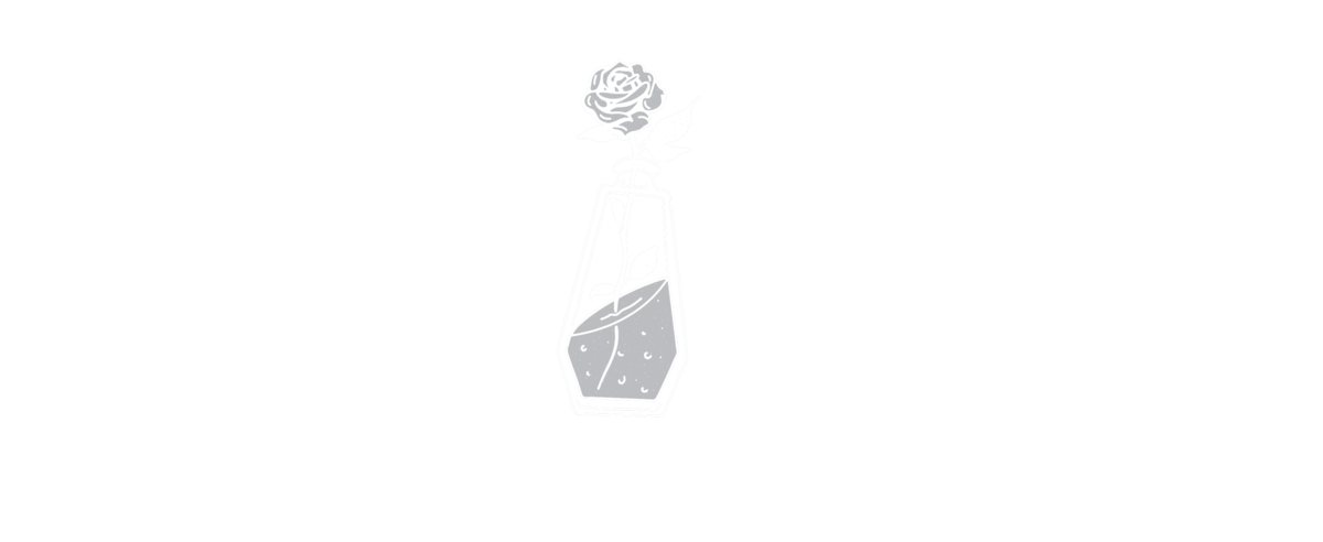 A white logo for Violent Delights Tattoo Club and a coffin shaped poison bottle and rose.