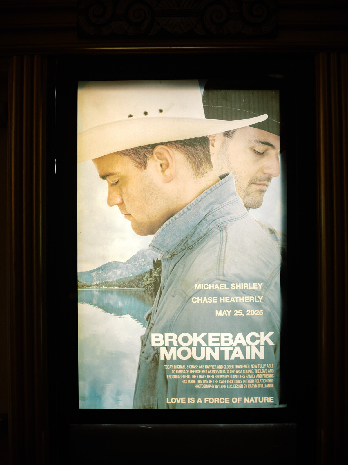 The image features the promotional poster of 'Brokeback Mountain', highlighting the themes of love, nature, and emotional connection between two men in a dramatic backdrop.