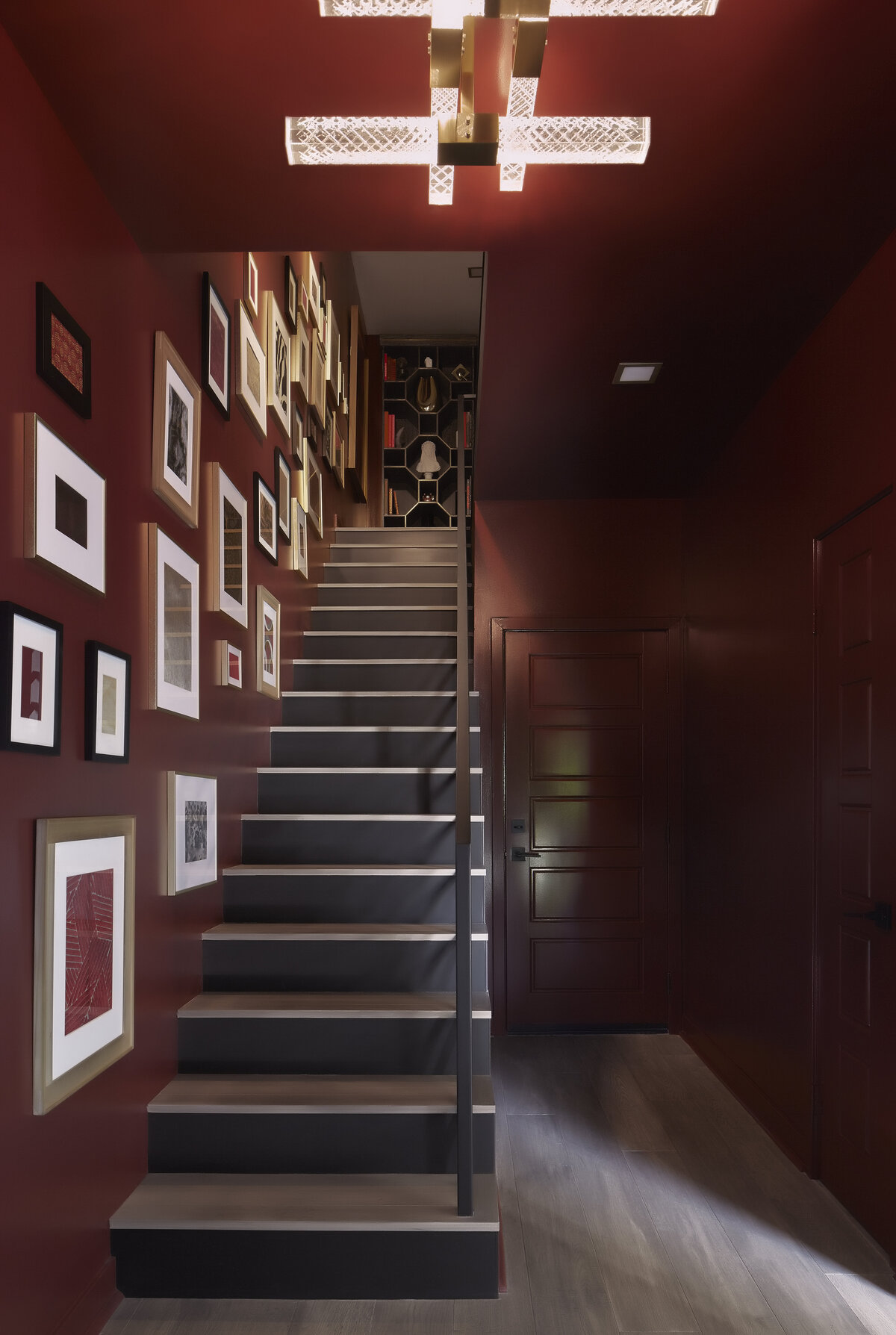 Apollo Flushmount drop with Sommelier colored wall and staircase