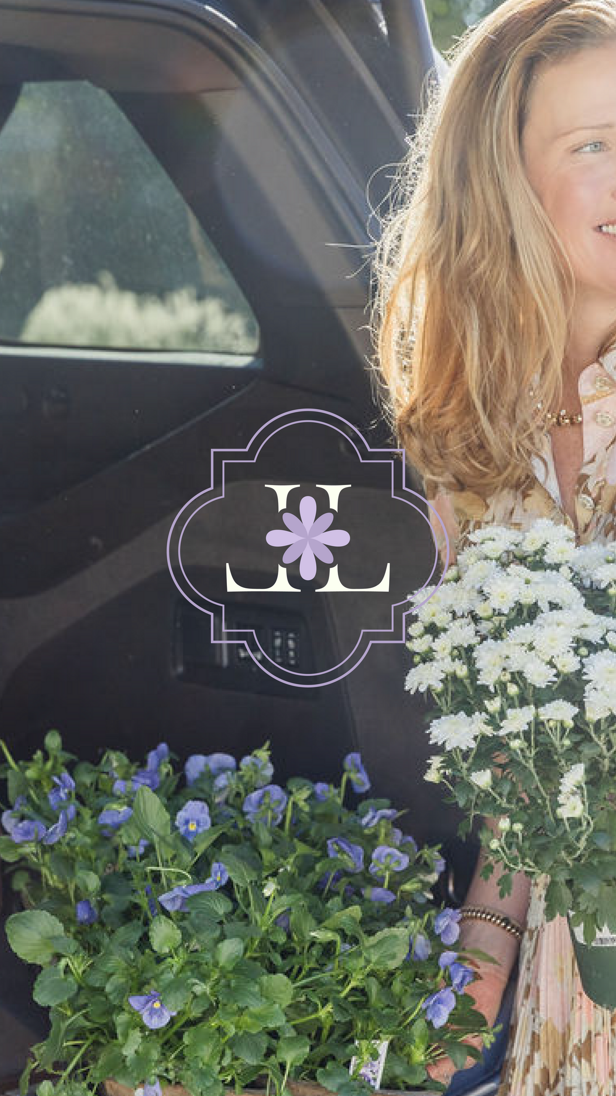Soft lavender brand mark featuring floral monogram design for elevated garden brands seeking timeless, nature-inspired visuals.