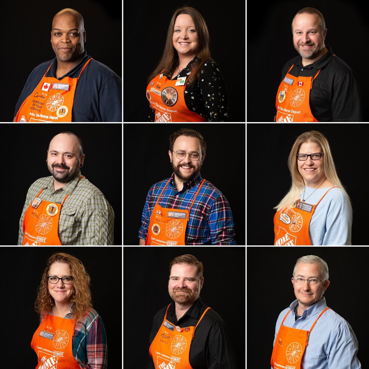 collage of male and female Home Depot manager photographed with a black backdrop wearing their orange apron