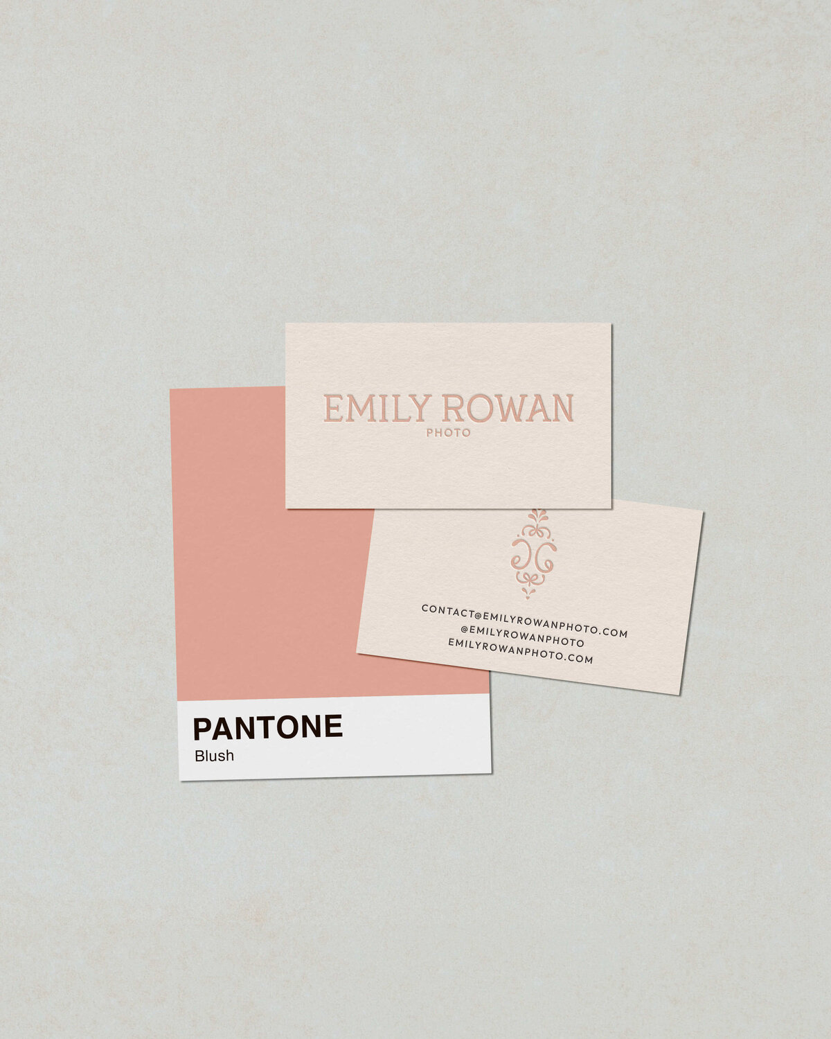 Soft blush business cards and Pantone palette designed for fine art photographers seeking a romantic, high-end brand aesthetic.