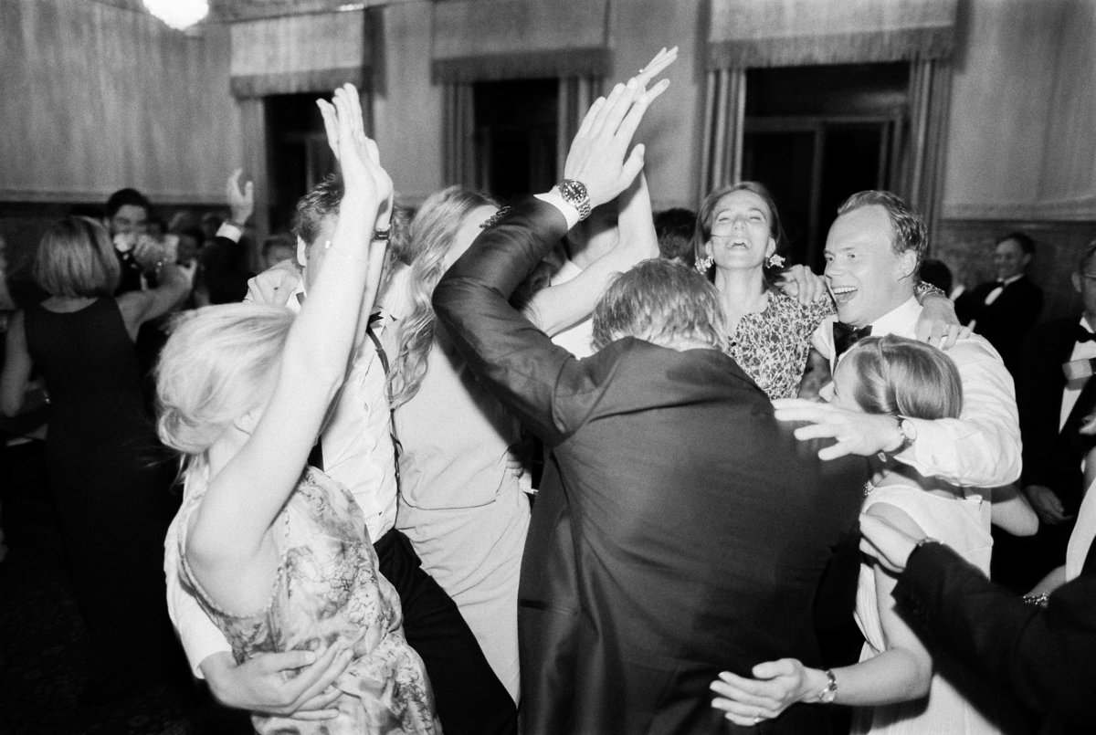 Crazy Dancing at A wedding, black and white photo on film