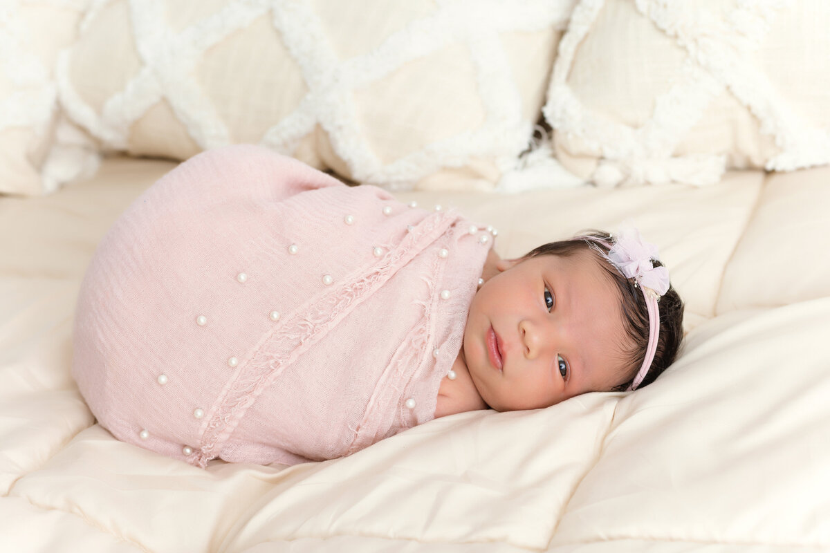 Newborn Photographer, a baby lays on blankets swaddled