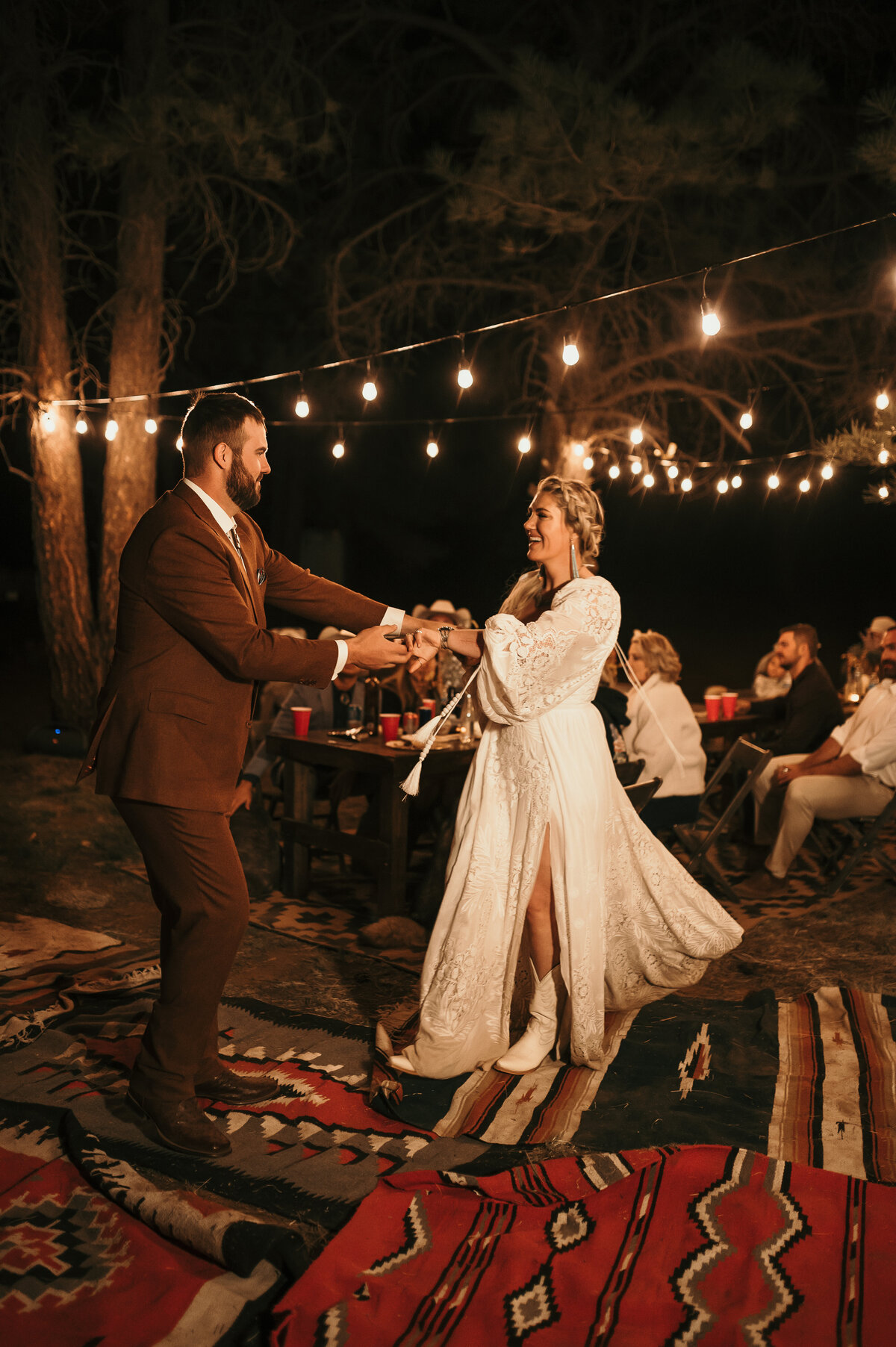 couple dancing during bohemian wedding reception