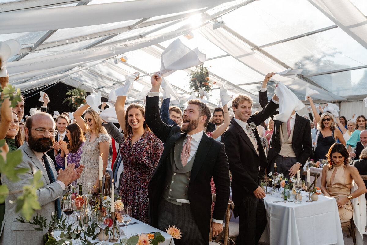 Hamswell House Wedding Breakfast - Napkins Cheering Entrance to Marquee