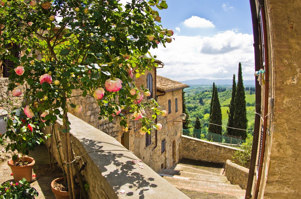 A picturesque view of a rustic stone building adorned with pink roses in pots, overlooking a lush green valley. Tall cypress trees rise in the distance under a partly cloudy blue sky. Stone stairs lead downward, enhancing the quaint, serene atmosphere.