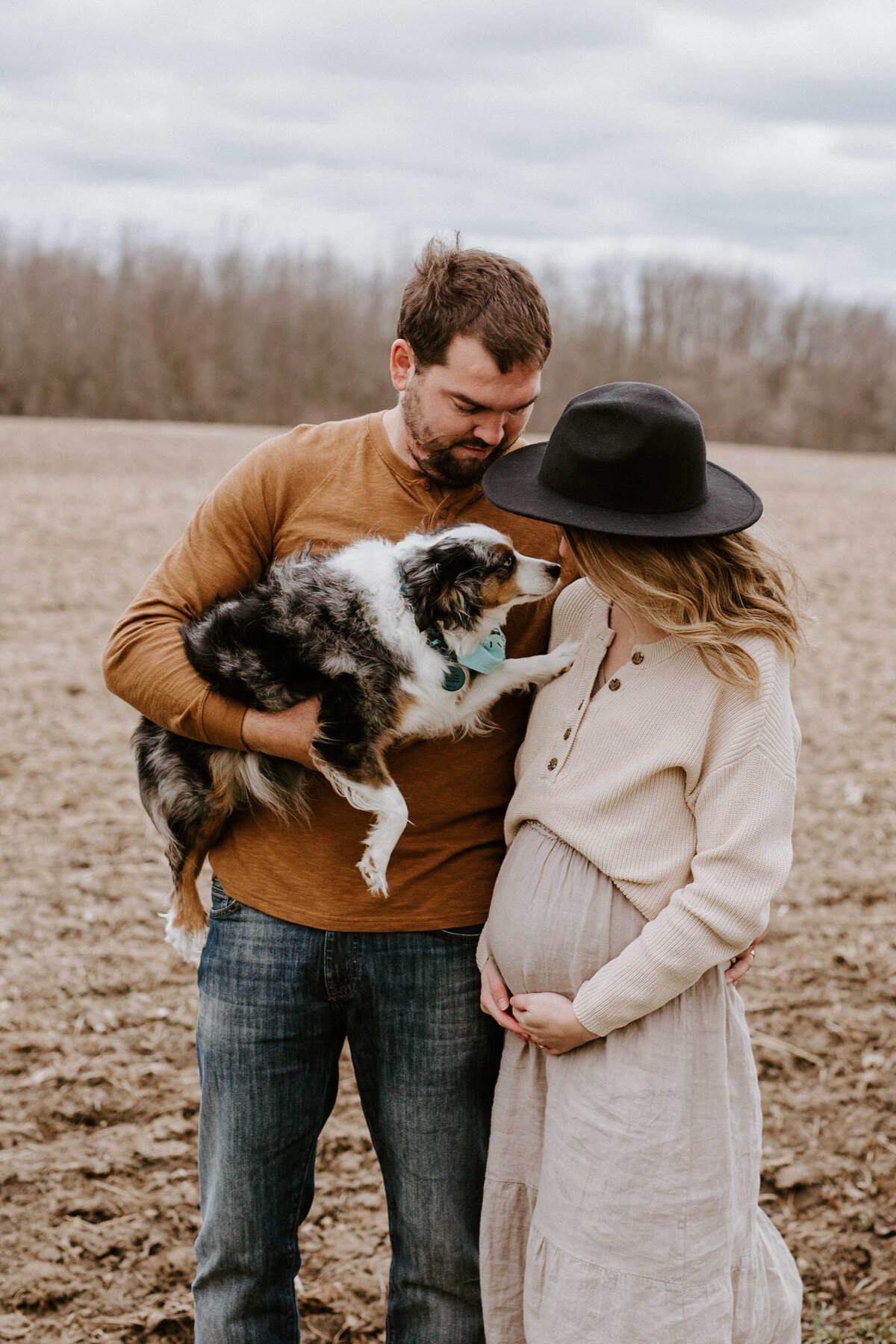 Expectant mom, dad, and pup in plowed Exeter, Ontario farmer's field for maternity photoshoot. Mom is holding her baby bump and dad is holding the dog. The pup is pawing at mom, their noses touching. Dad is looking at mom.