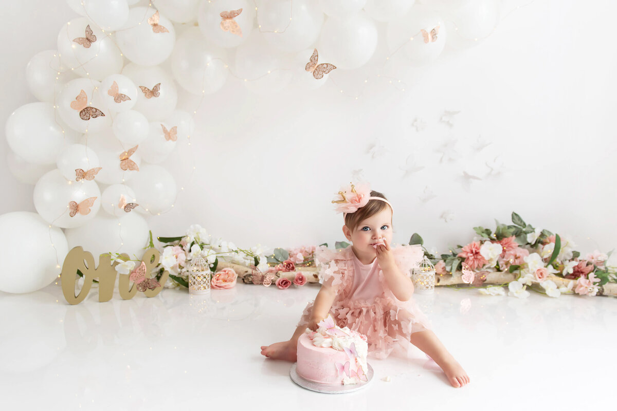 Rose Gold Butterflies cake smash photographer session in Burlington, ON