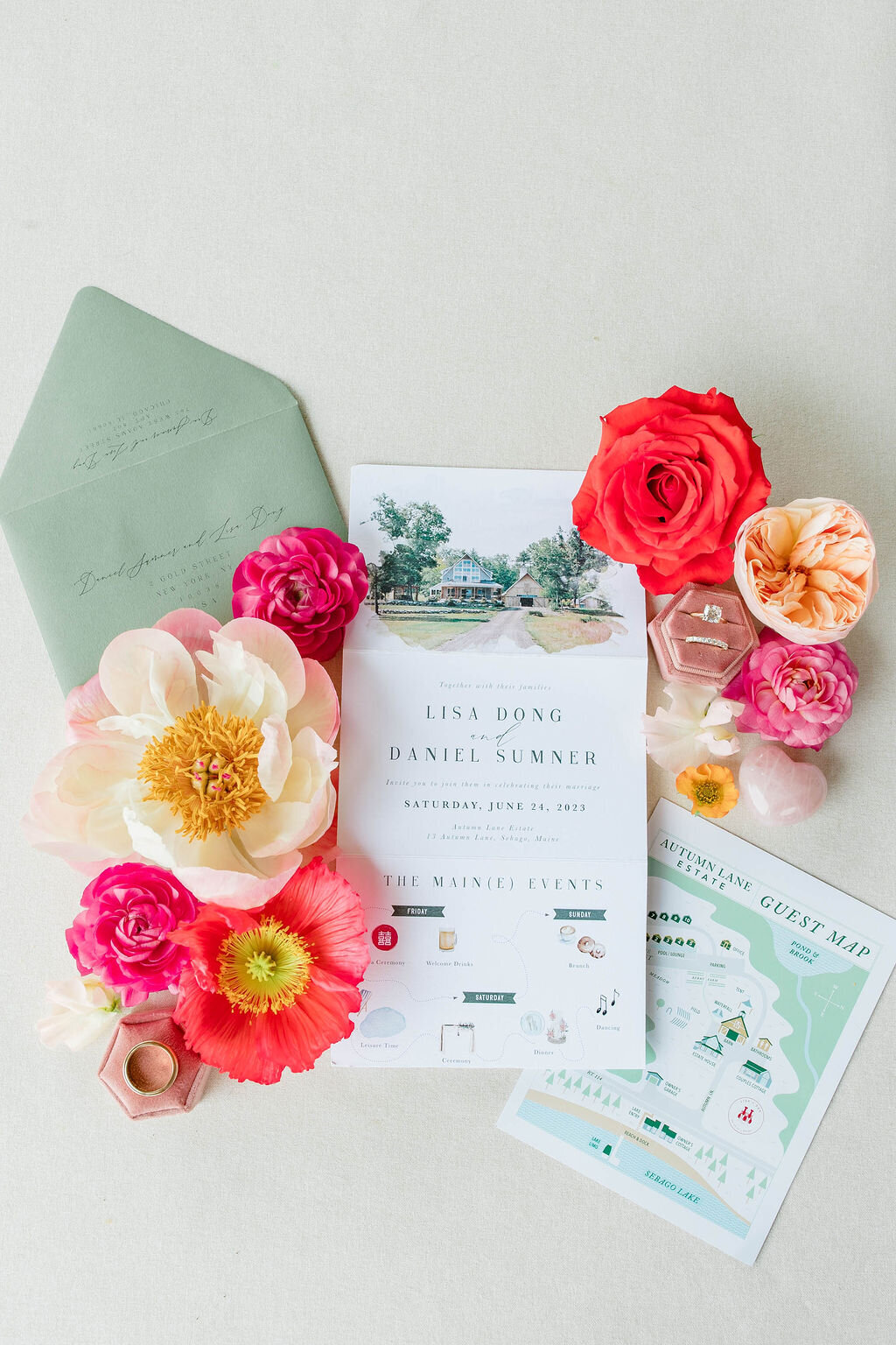 Maine wedding invitation with colorful florals