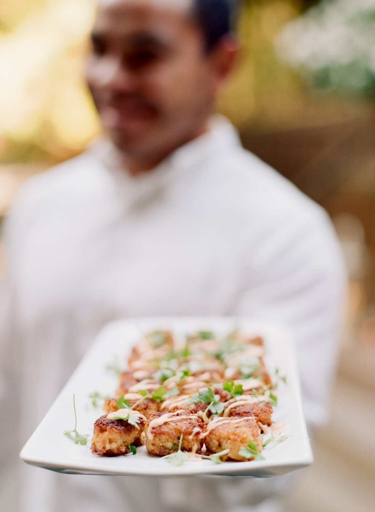 Waiter at a wedding reception presents beautifully garnished and scrumptious appetizers on a white platter.