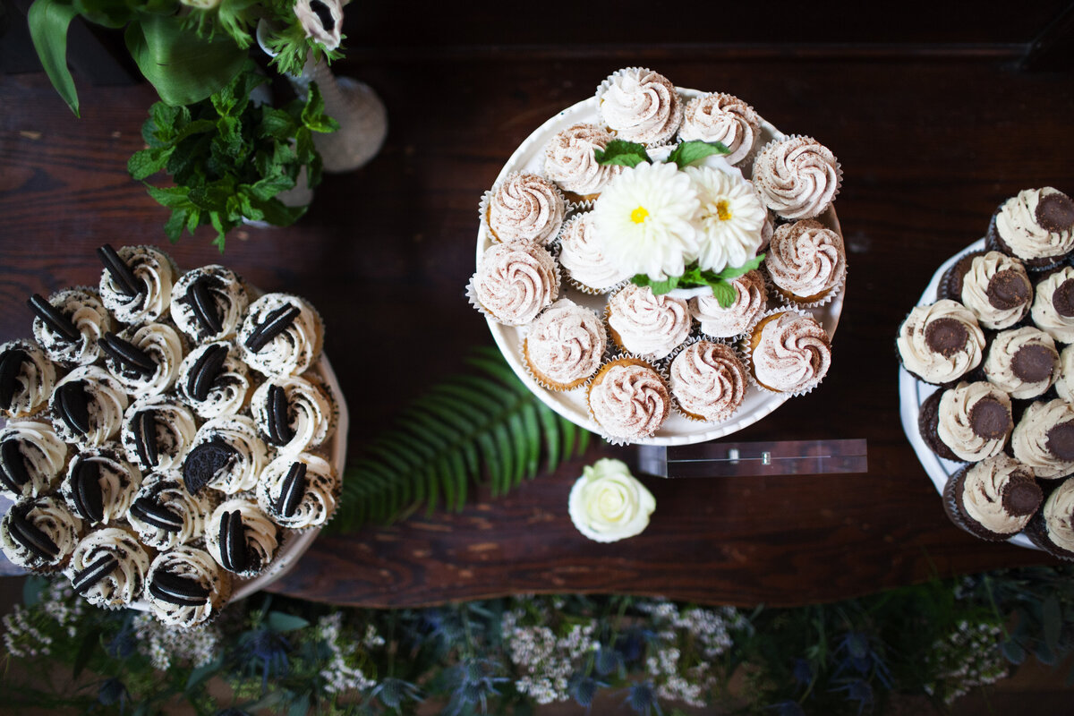 assorted chocolate, oreo, and peanut butter cup cupcakes served at Willowbrook wedding venue in PIttsburgh, PA