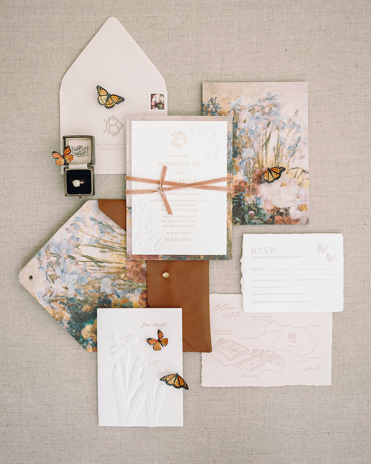 Dominique Alba custom invitation suite leather envelopes