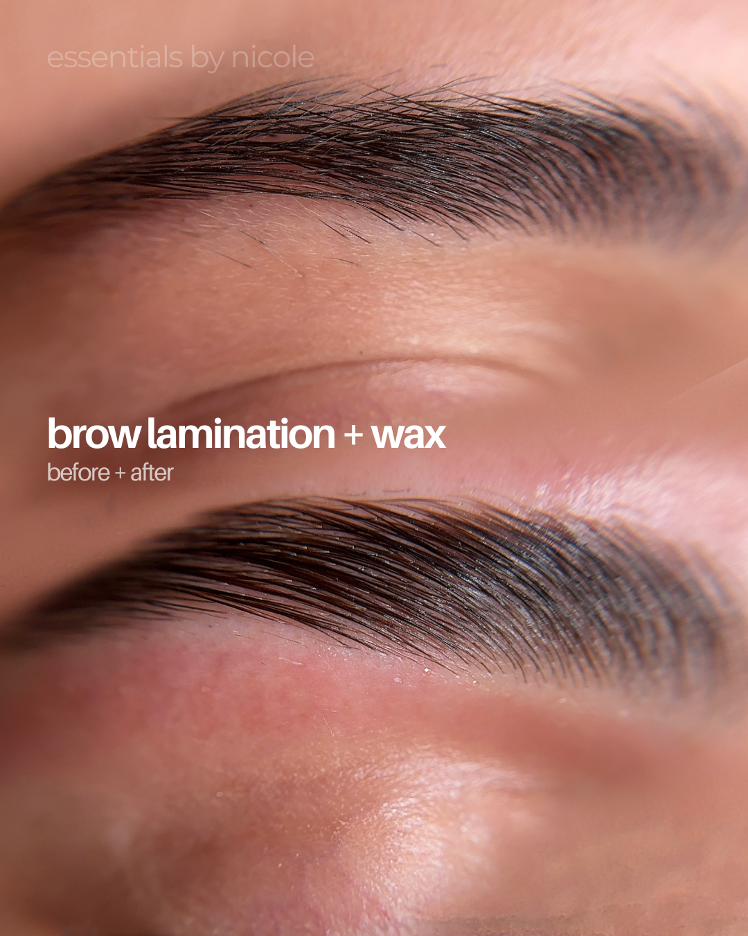 brow lamination before and after at essentials by nicole.