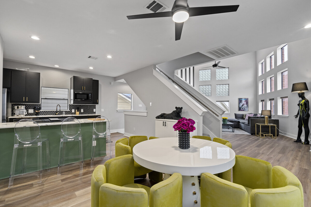 Contemporary dining space with natural light and modern finishes