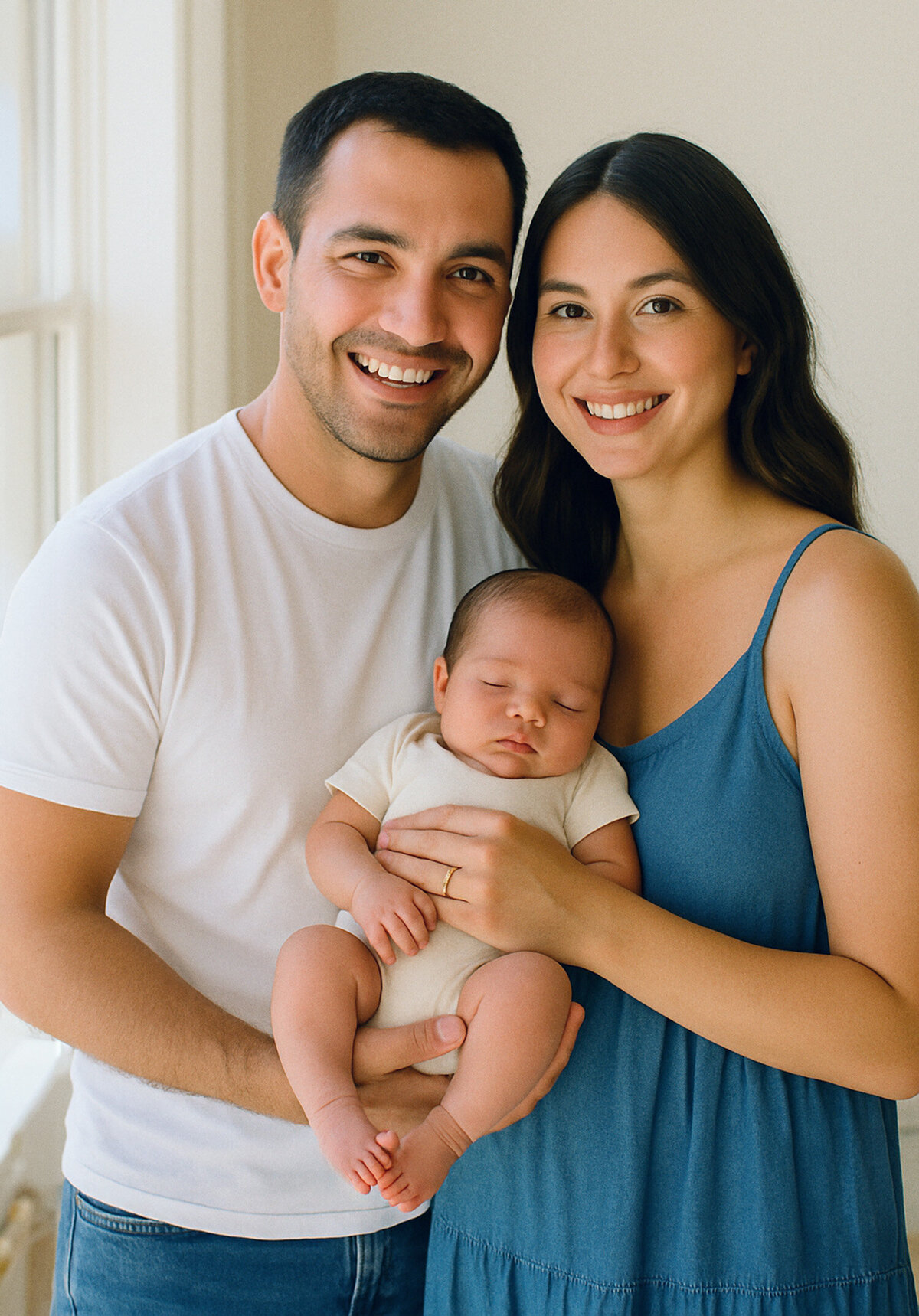 Young couple holding newborn by window in their San Francisco home – natural light portraits by San Francisco family photographer