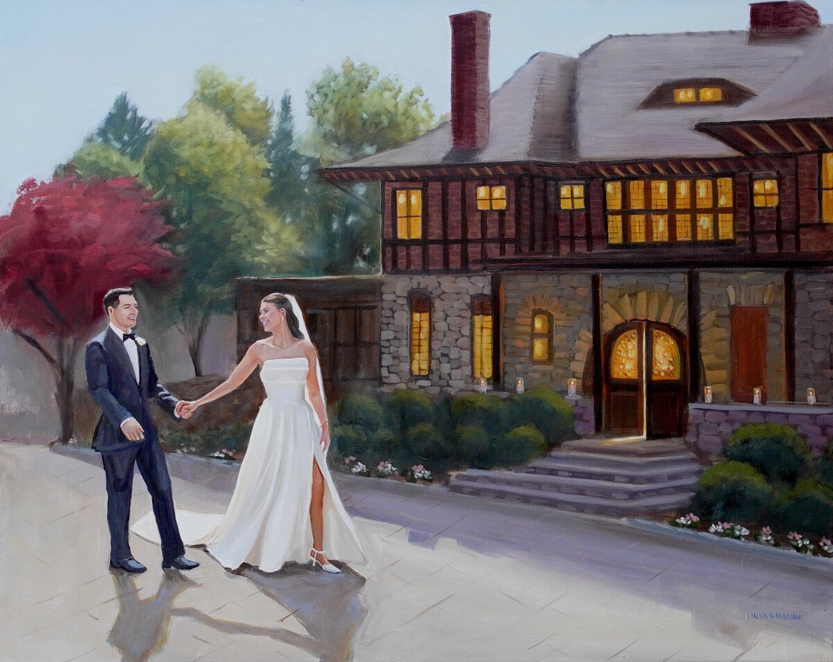 live wedding painting of bride and groom walking into La Chateau South Salem NY