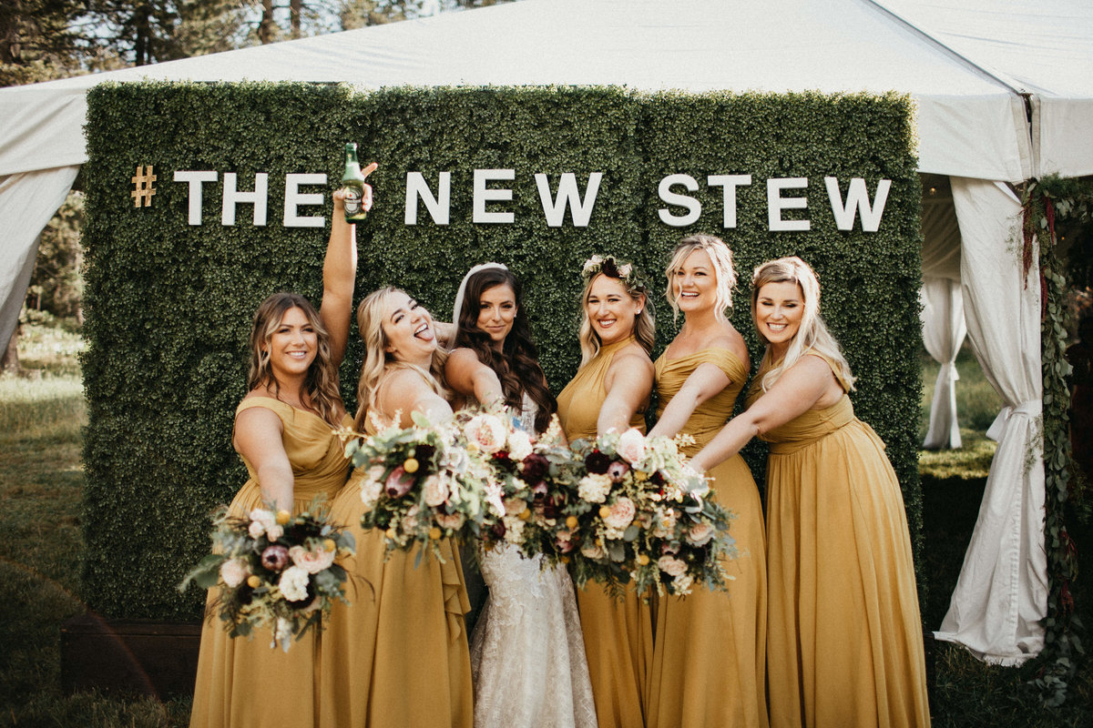 Tahoe Wedding Planners maids wearing mustard dresses at summer wedding venue Mitchell's Mountain Meadows Sierraville near Truckee, Joy of Life Events image by Lukas Koryn 3