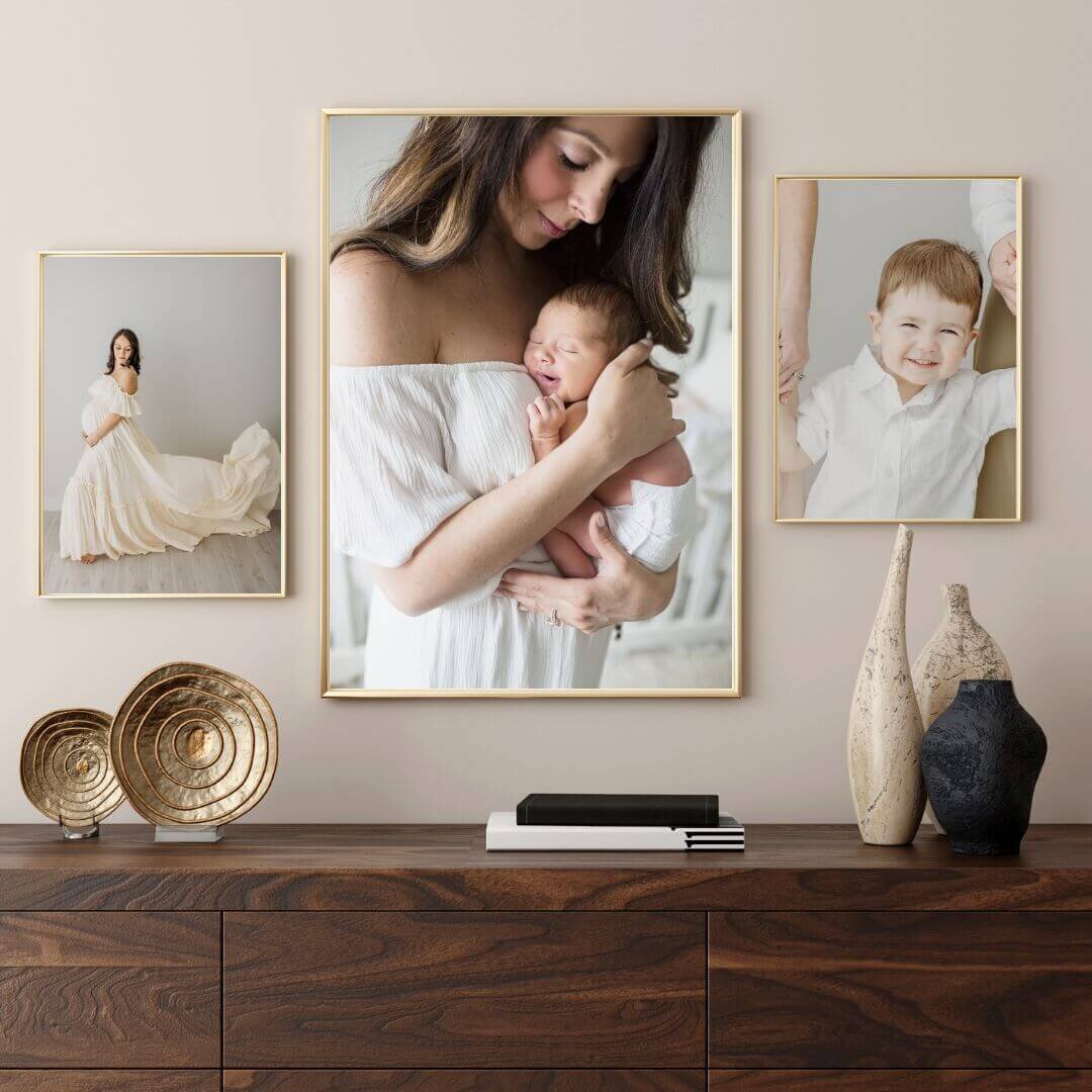 Collage of 3 pieces of artwork maternity, newborn and child mockup s