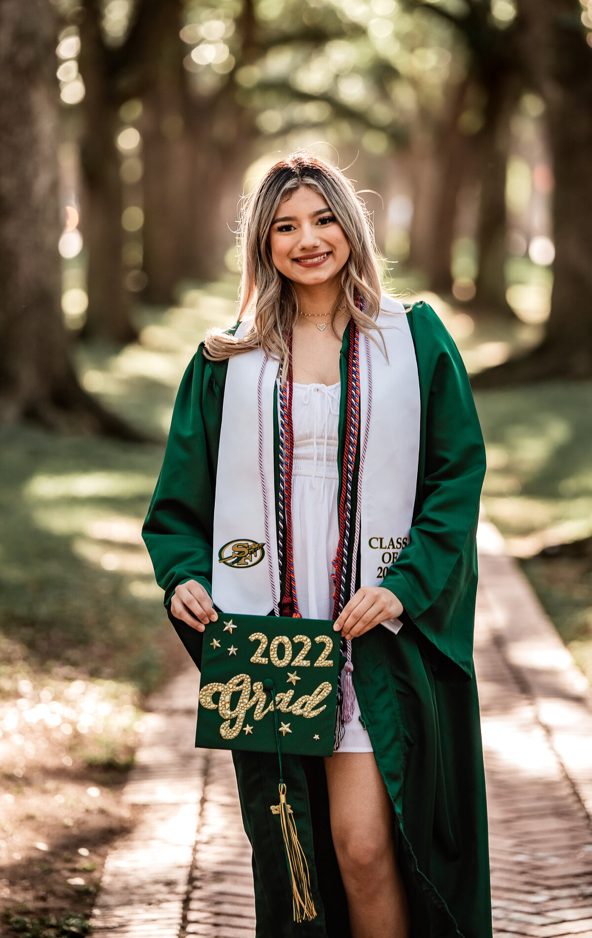 A girl poses in her gown with a decorated cap for her senior pictures.
