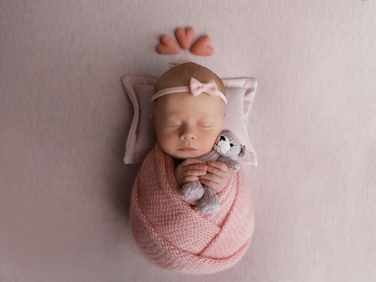 Newborn-photography-session-newborn-wrappped-in-pink-holding-a-teddy-,-photo-taken-by-janina-botha-photographer-in-Oakville-Ontario