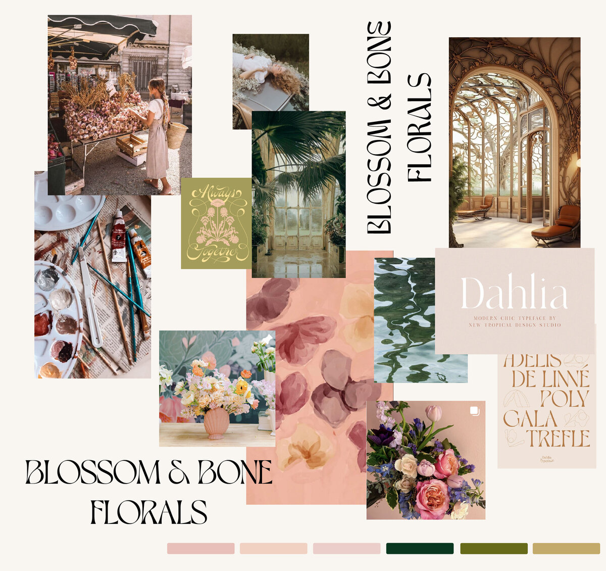 Artistic brand moodboard with warm tones for florist branding project